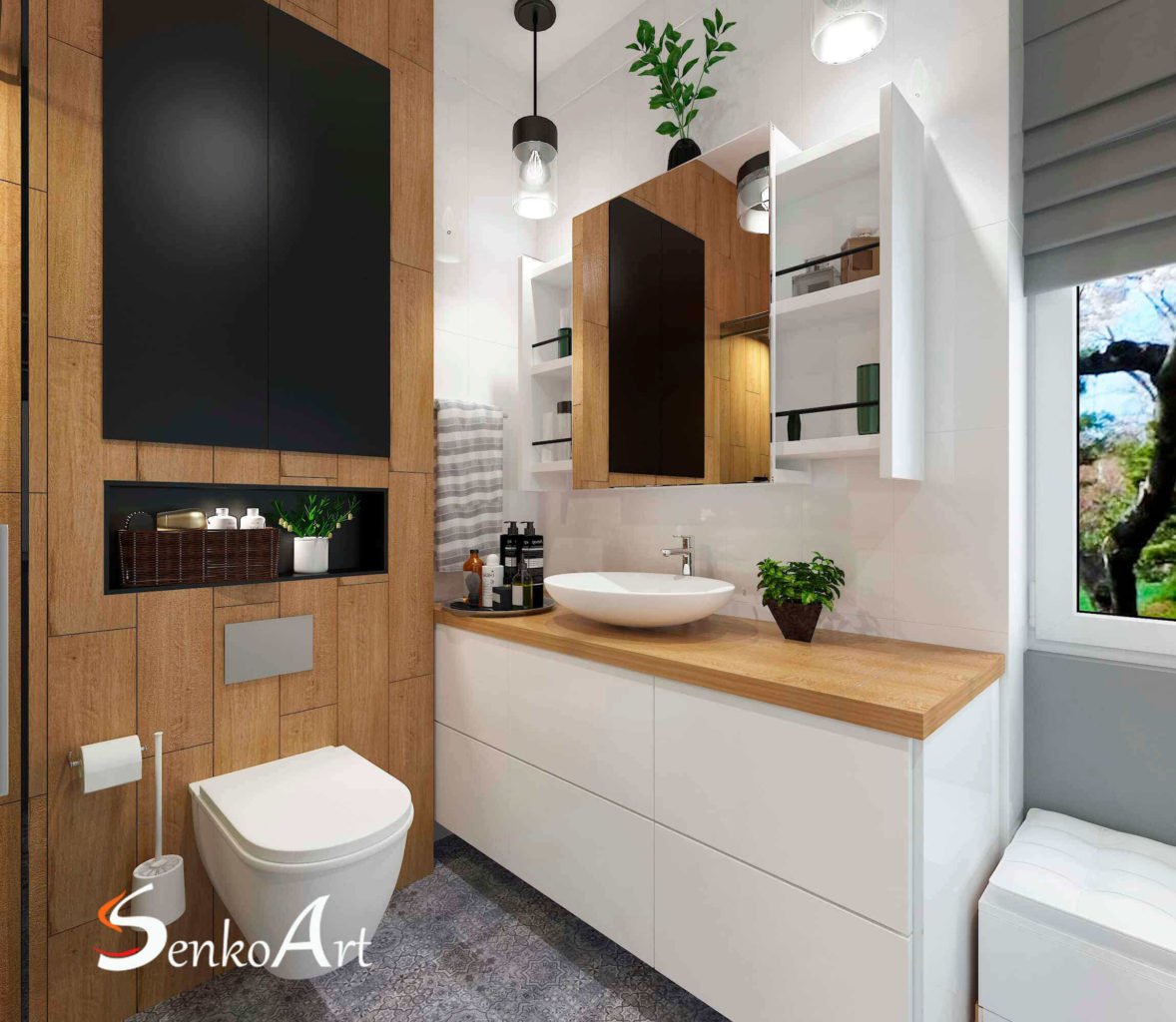 łazienka z elementami drewnianymi