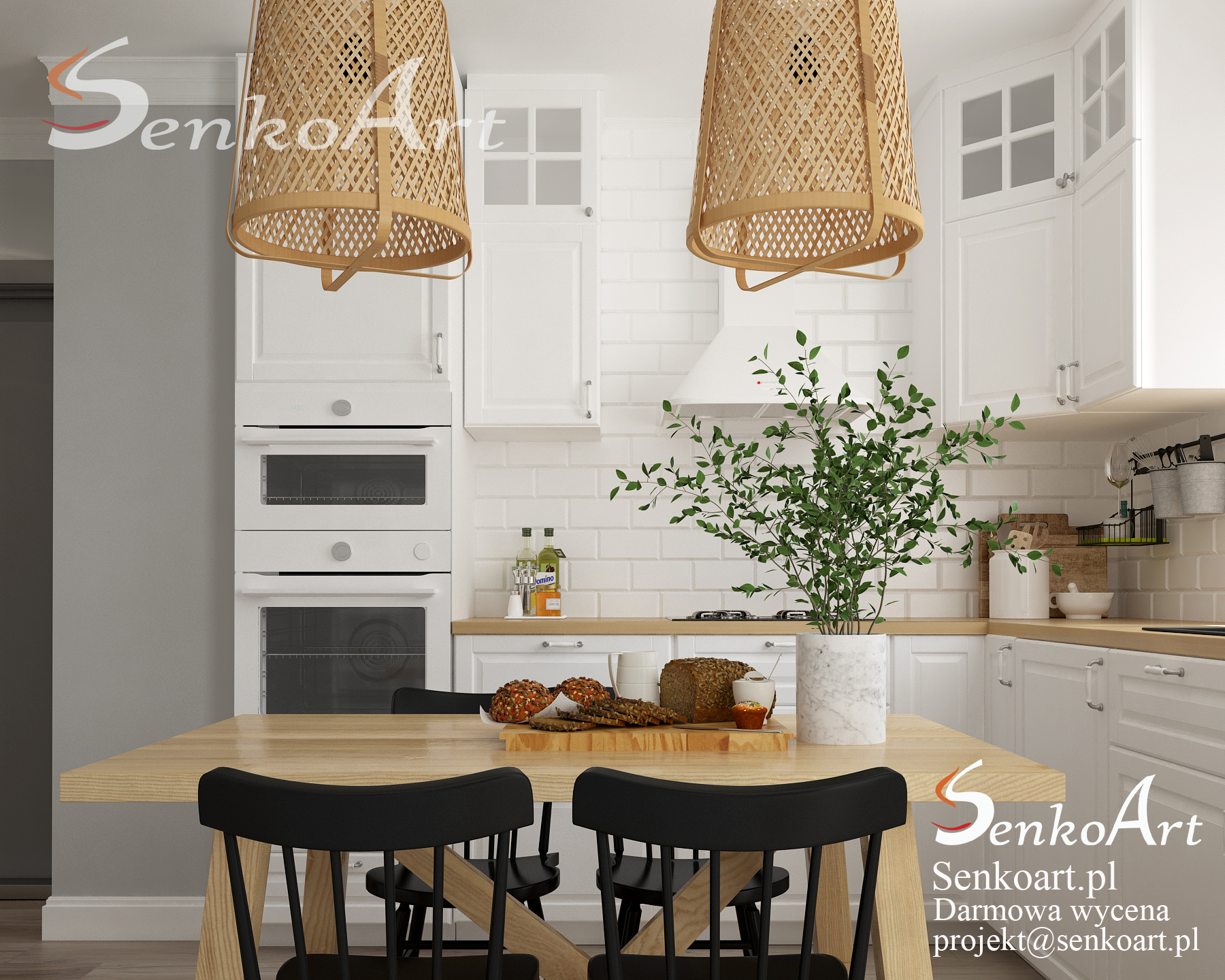 Biała kuchnia z drewnianym blatem