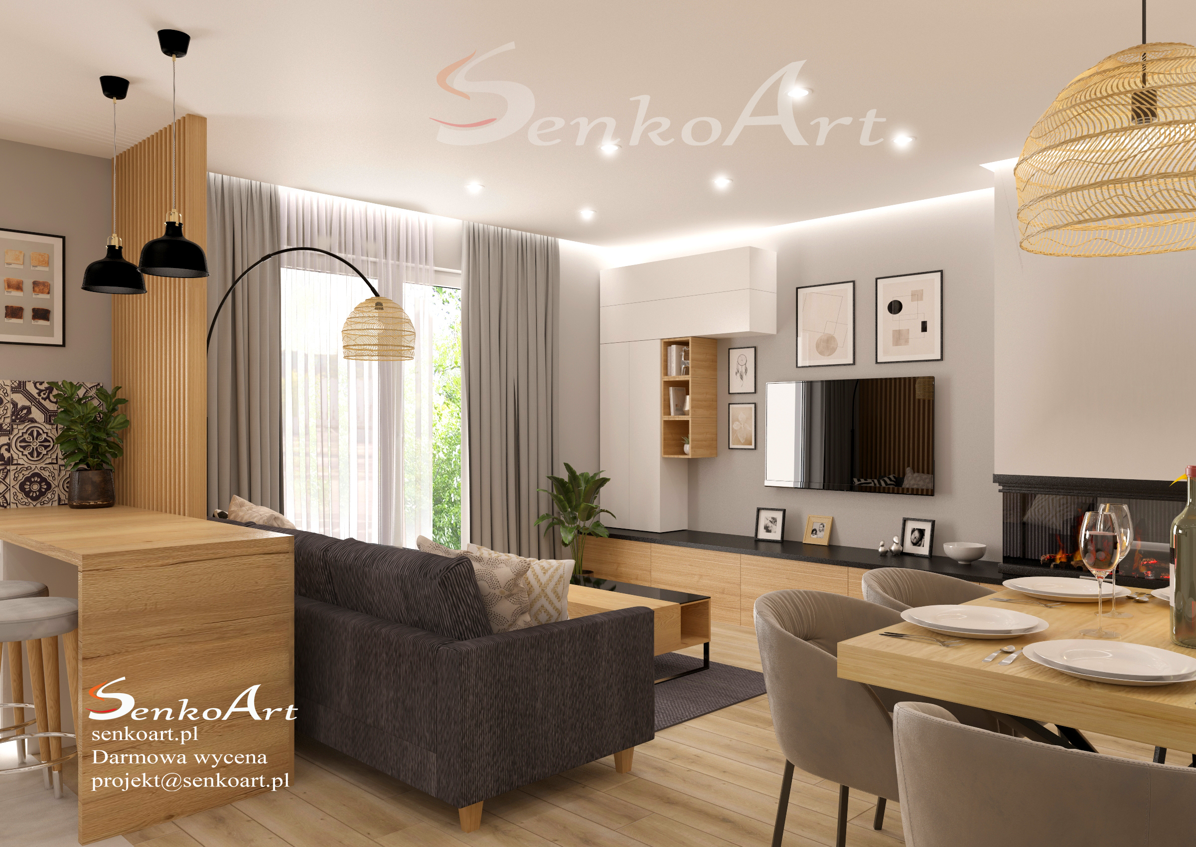 Salon z jadalnia w domu z wykorzystaniem drewna