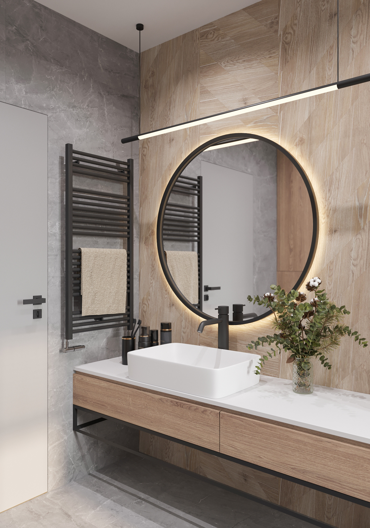 Projekt łazienki z elementami drewna