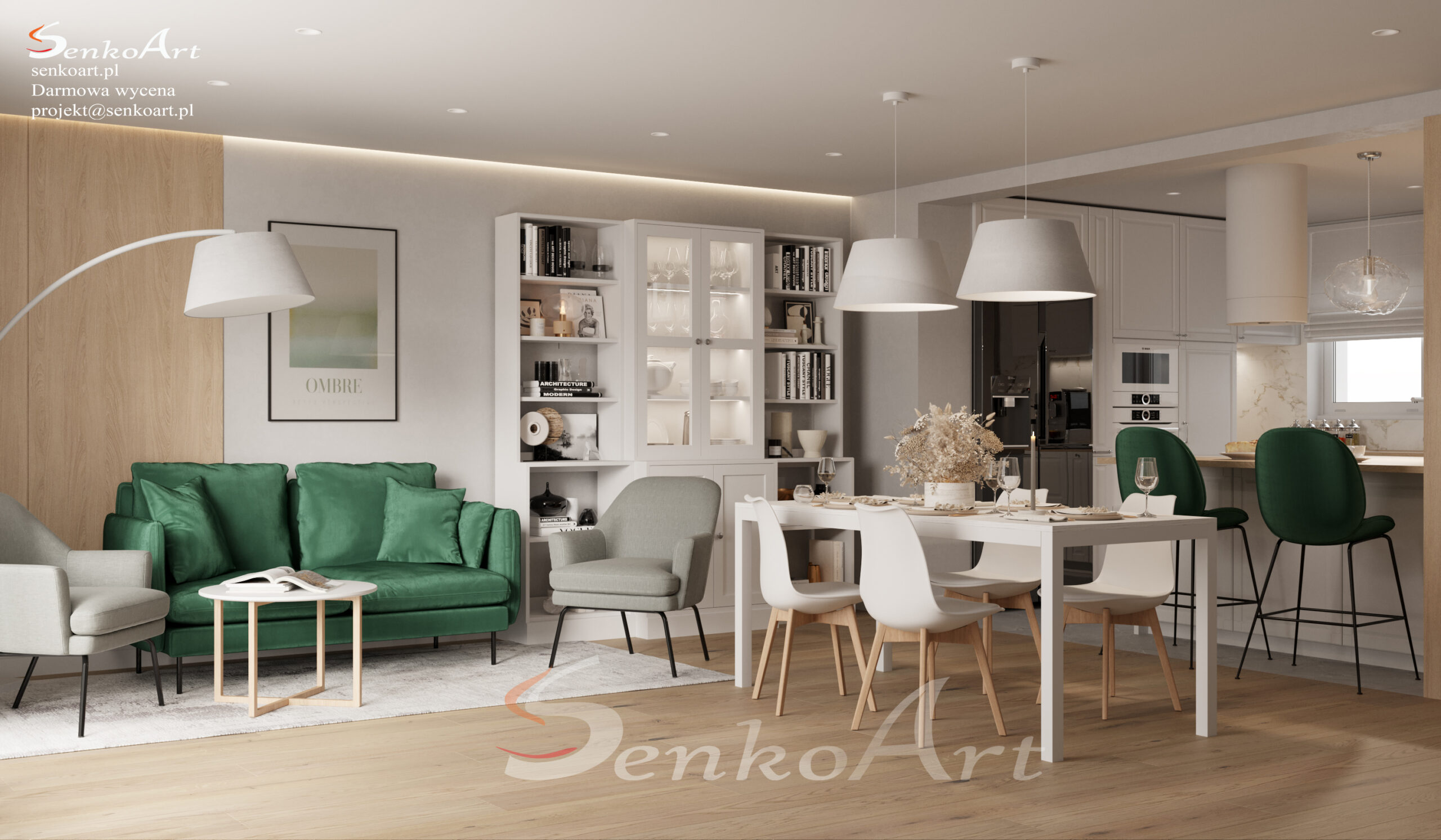 salon z zielonoa sofa w domu