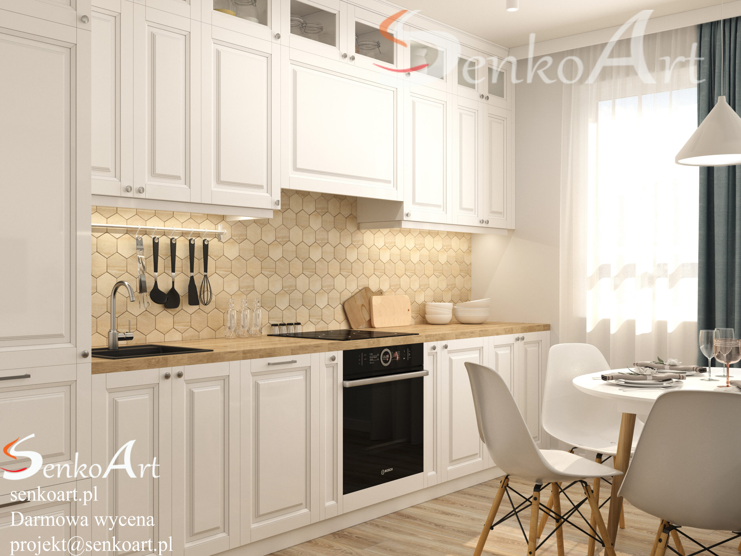 projekt kuchni z elementami białego drewna