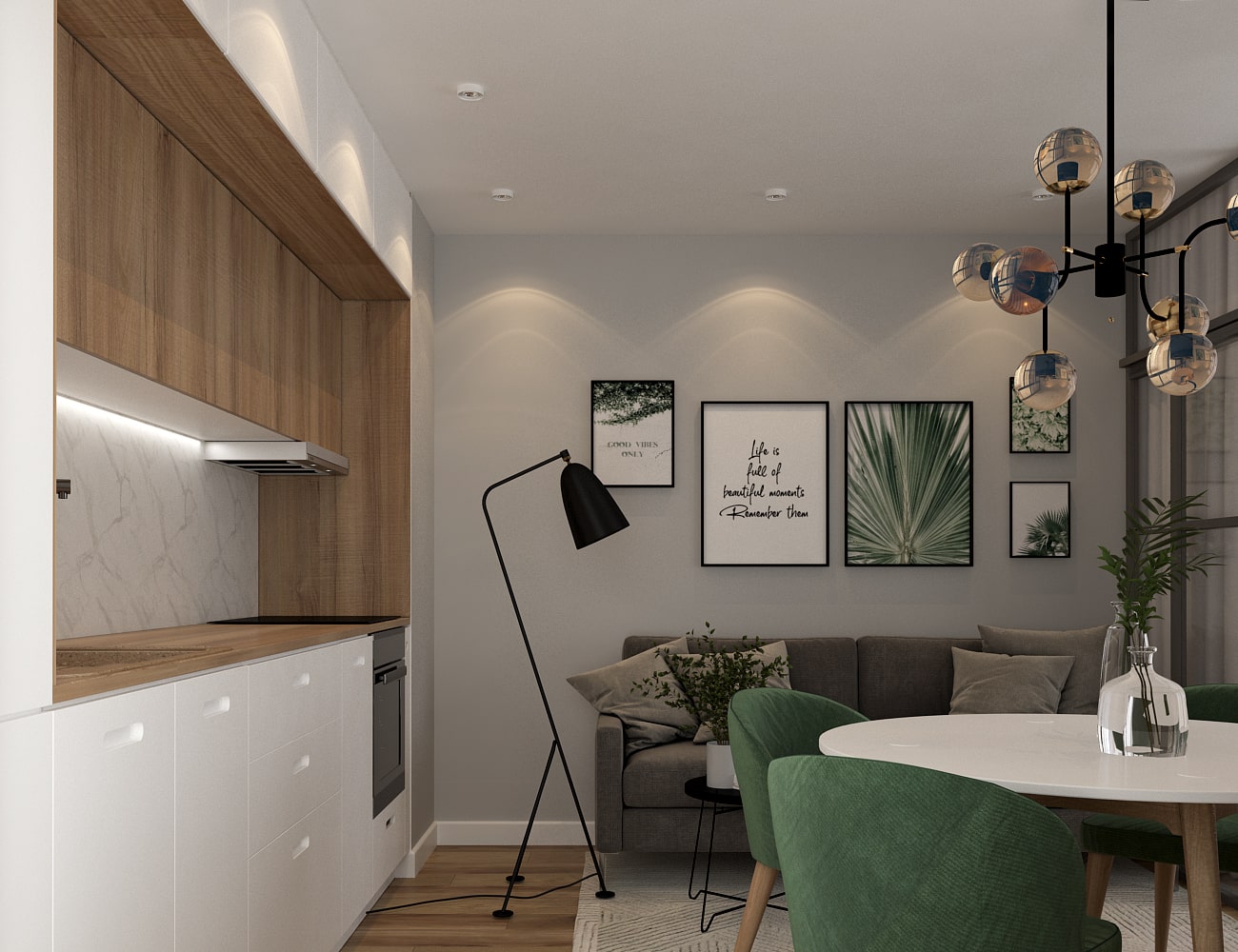 aranżacja salonu z aneksem kuchennym