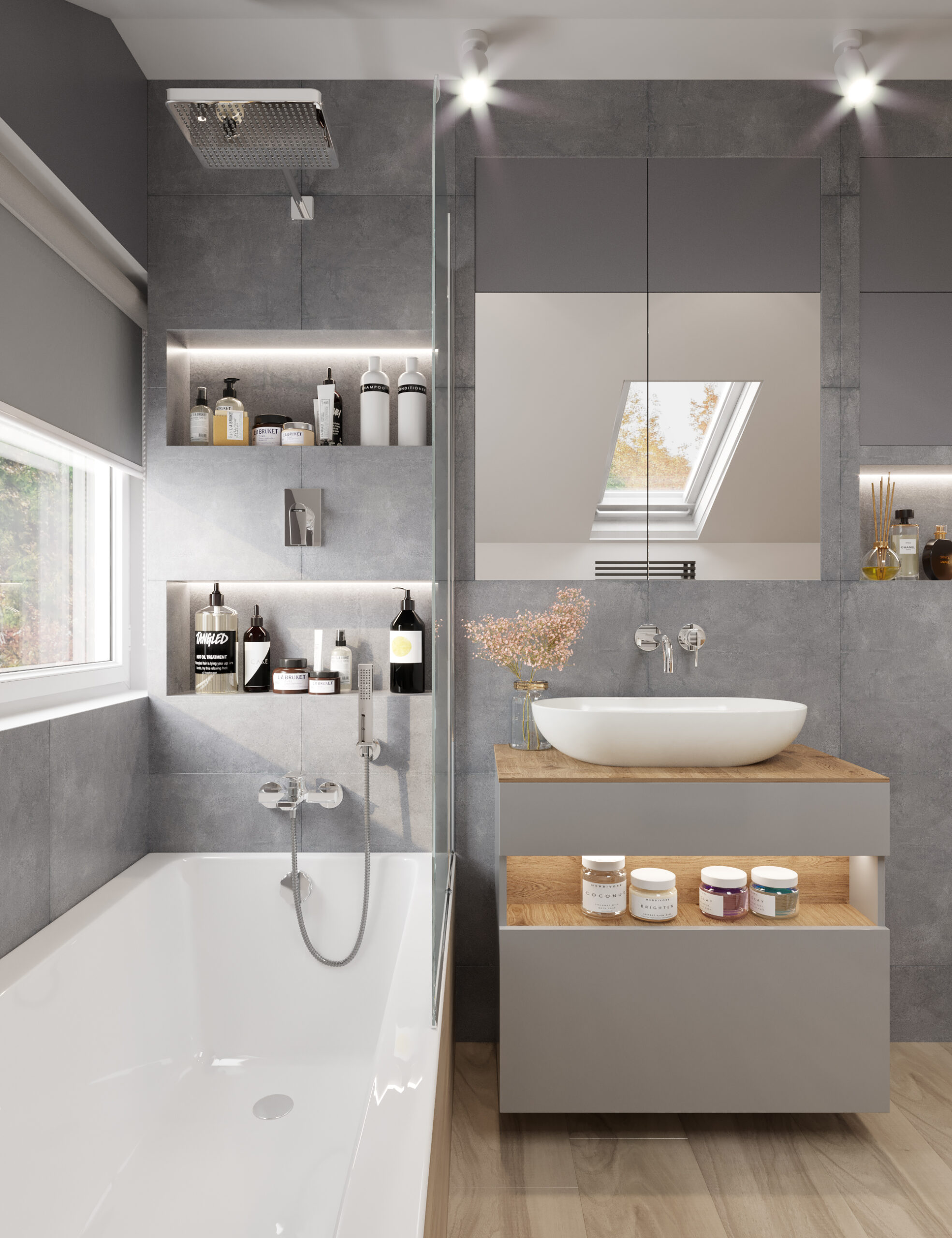 Łazienka z pralką i prysznicem