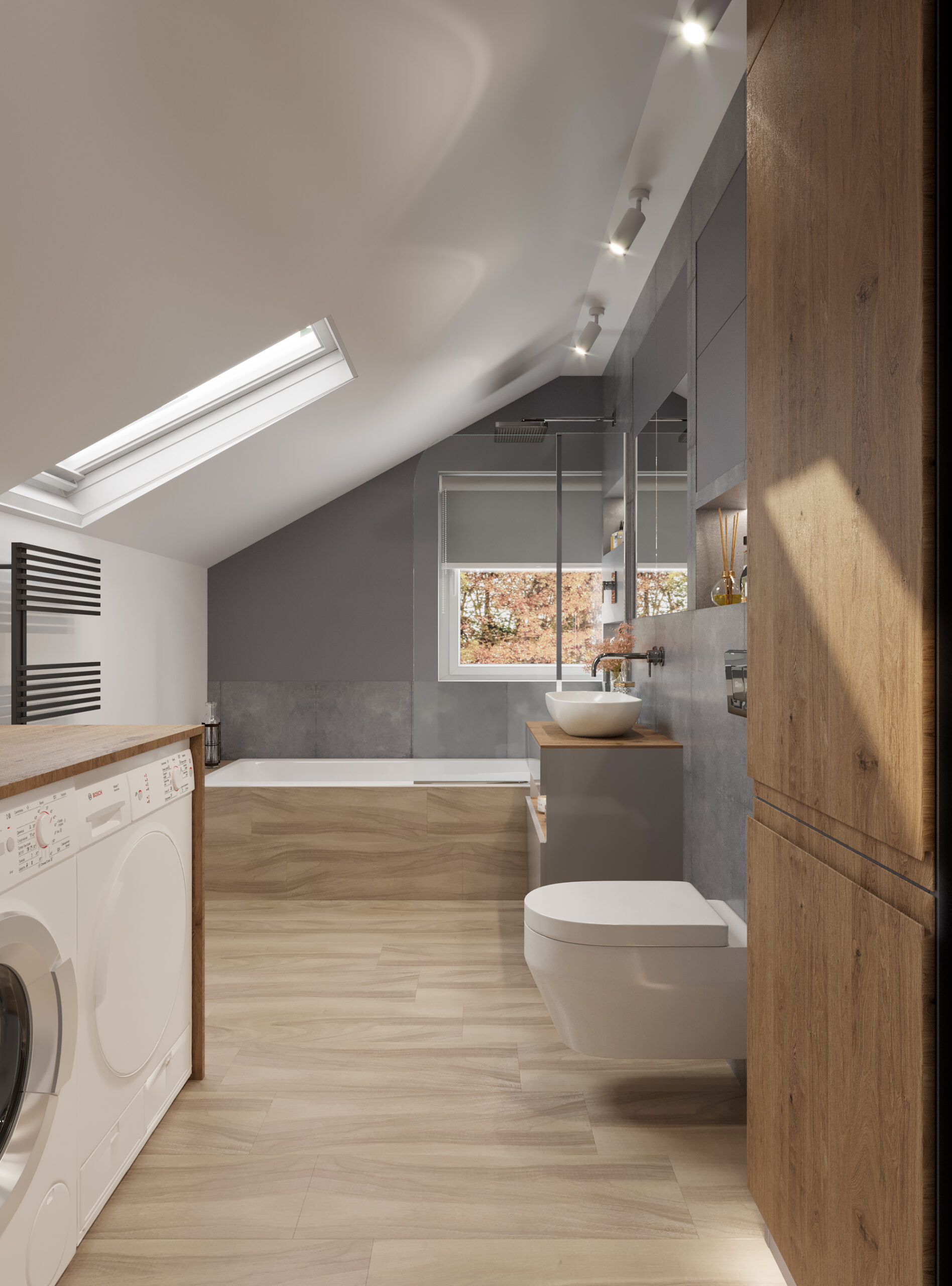 Mała łazienki z pralką i prysznicem