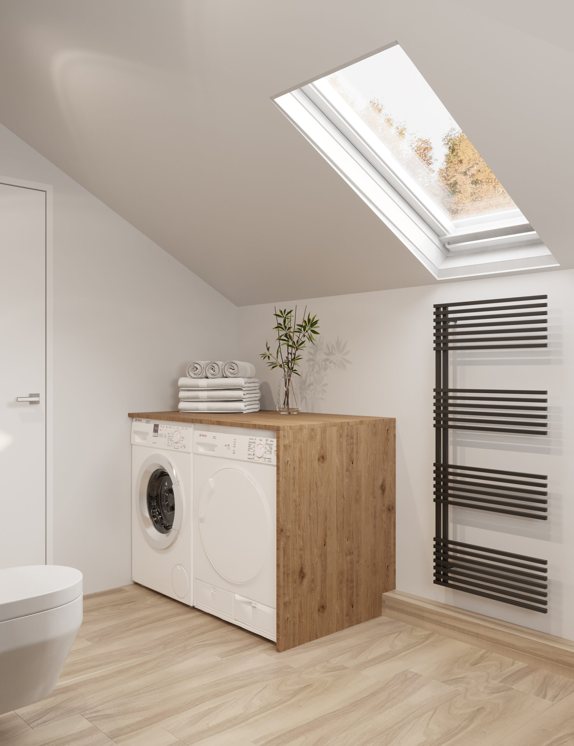 projekt łazienki z pralka na poddaszu