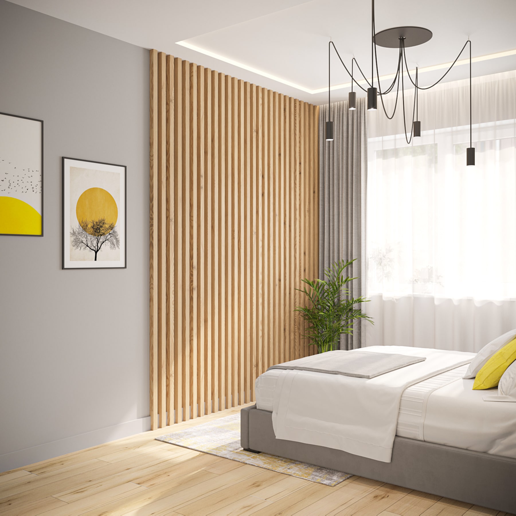 projekt sypialni z lamelami drewnianymi