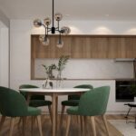 salon z aneksem kuchennym z elementarmi drewna