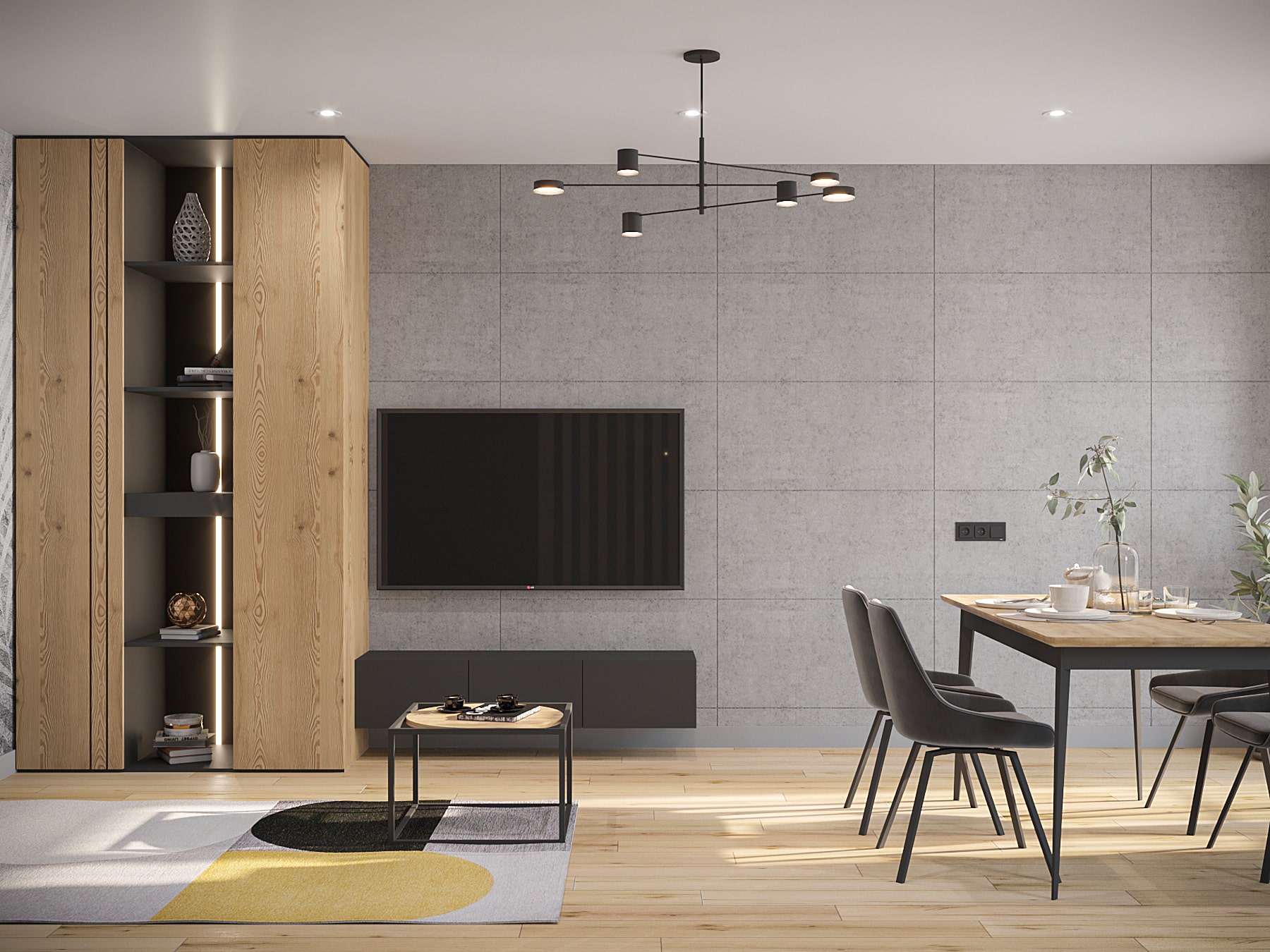 Salon z panelami betonowymi