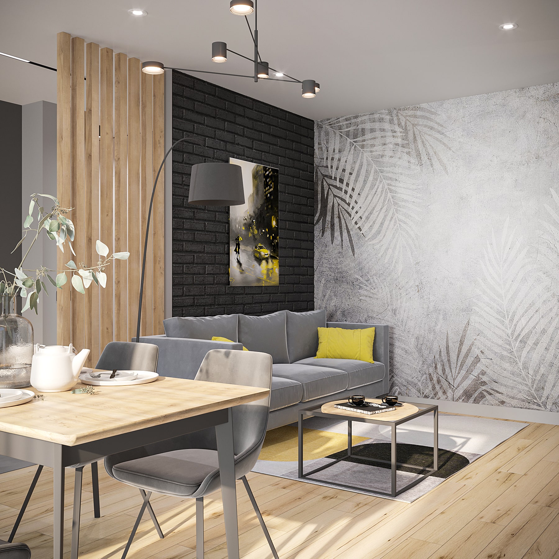 salon z szarą sofą