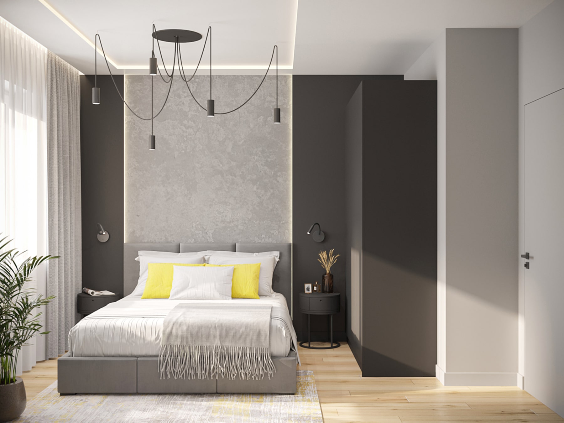 sypialnia z lamelami drewnianymi