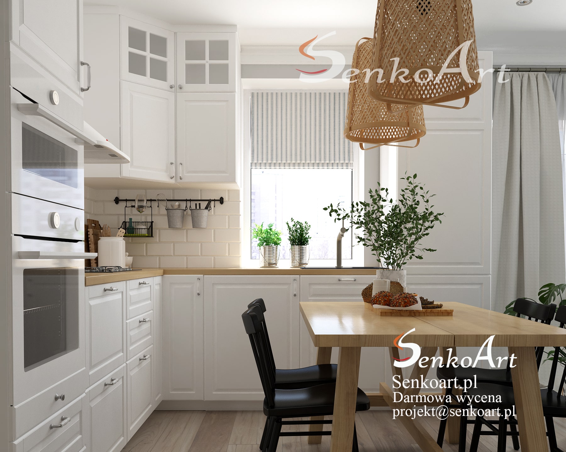 biała kuchnia z drewnianym blatem