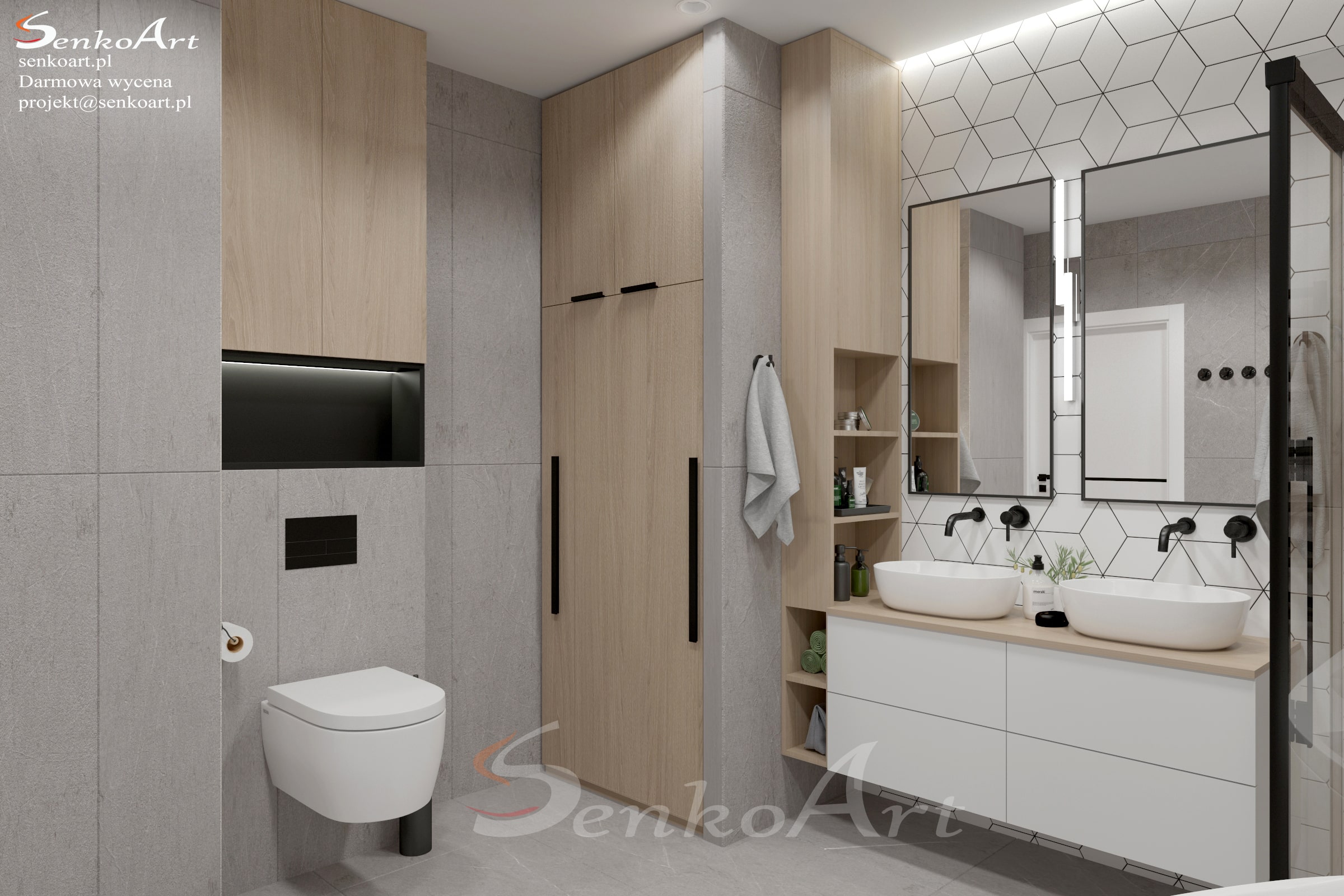 biało szara łazienka z wanną i prysznicem