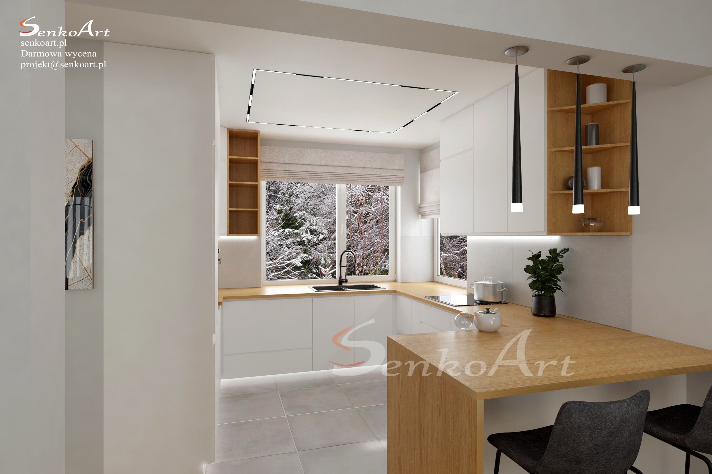 kuchnia biała z drewnem