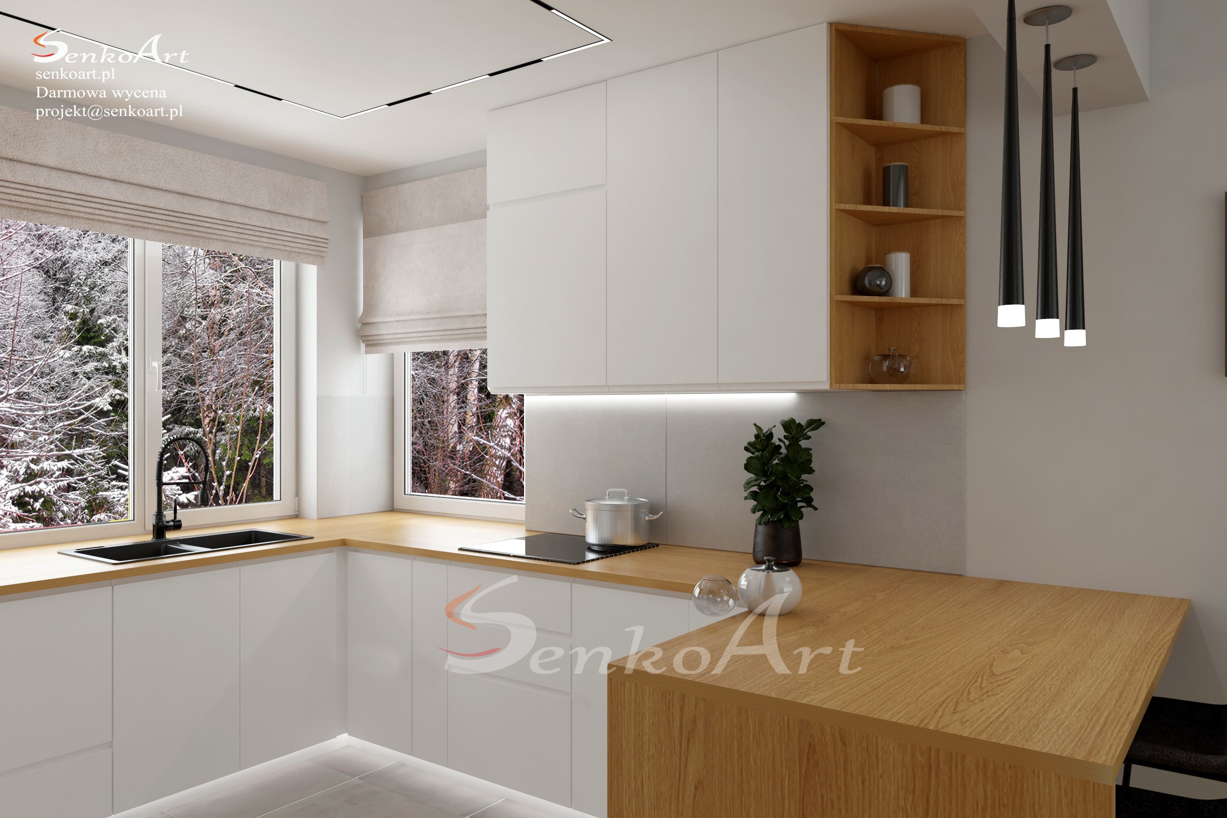 kuchnia biała z drewnem inspiracje