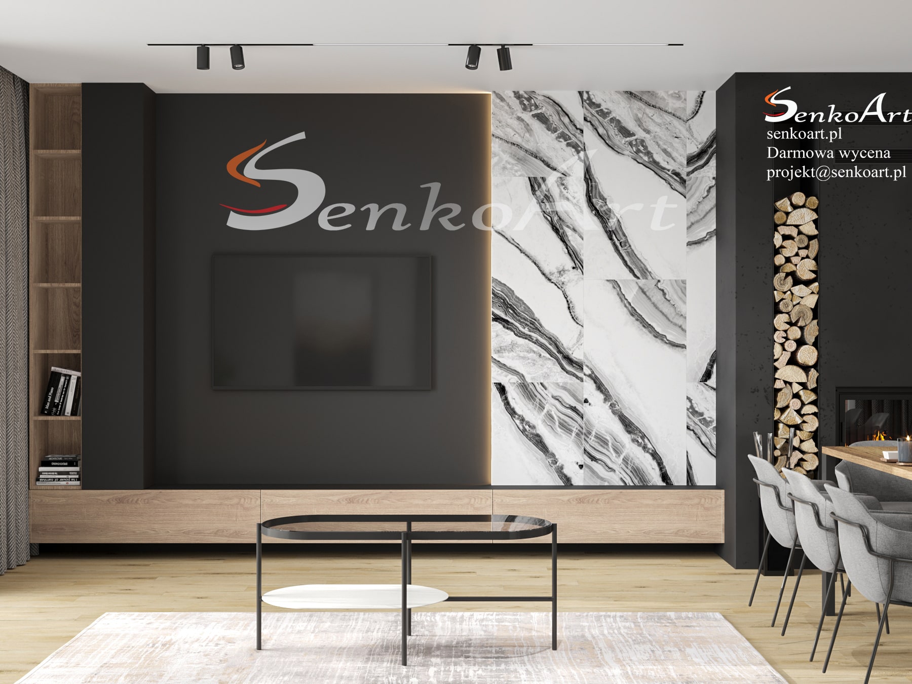 projekt salonu z kominkiem