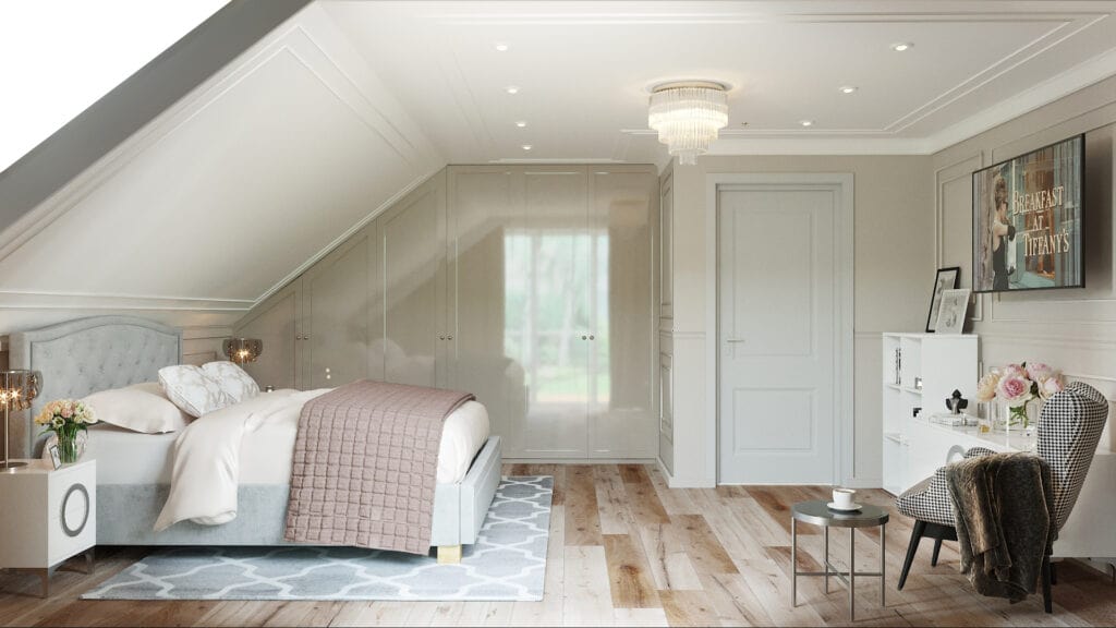 projekt sypialni z pikowanym zagłówkiem