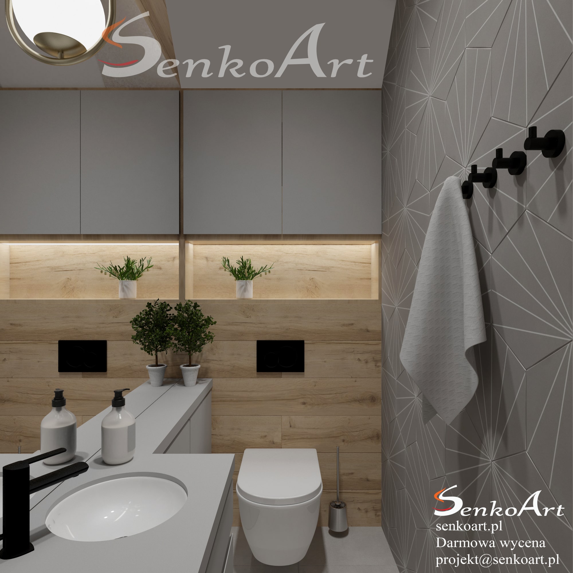 projekt szarej łazienki z drewnem