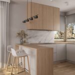 Szara kuchnia z marmurem na scianie