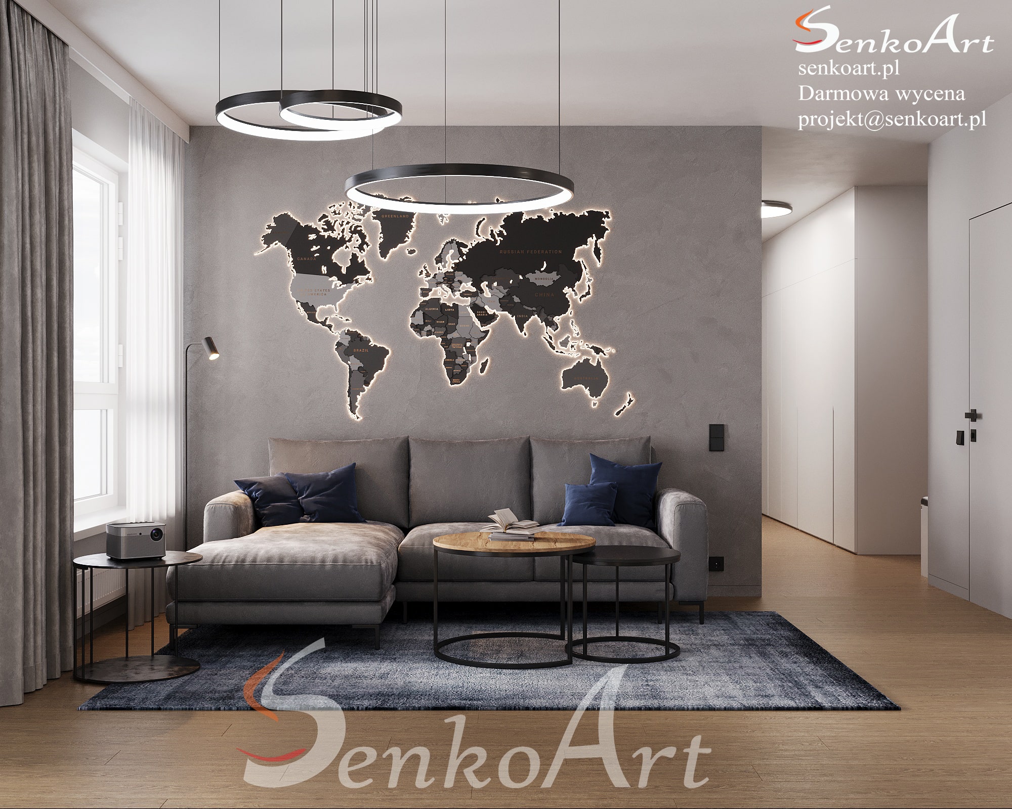 Aranżacja salonu z mapą świata