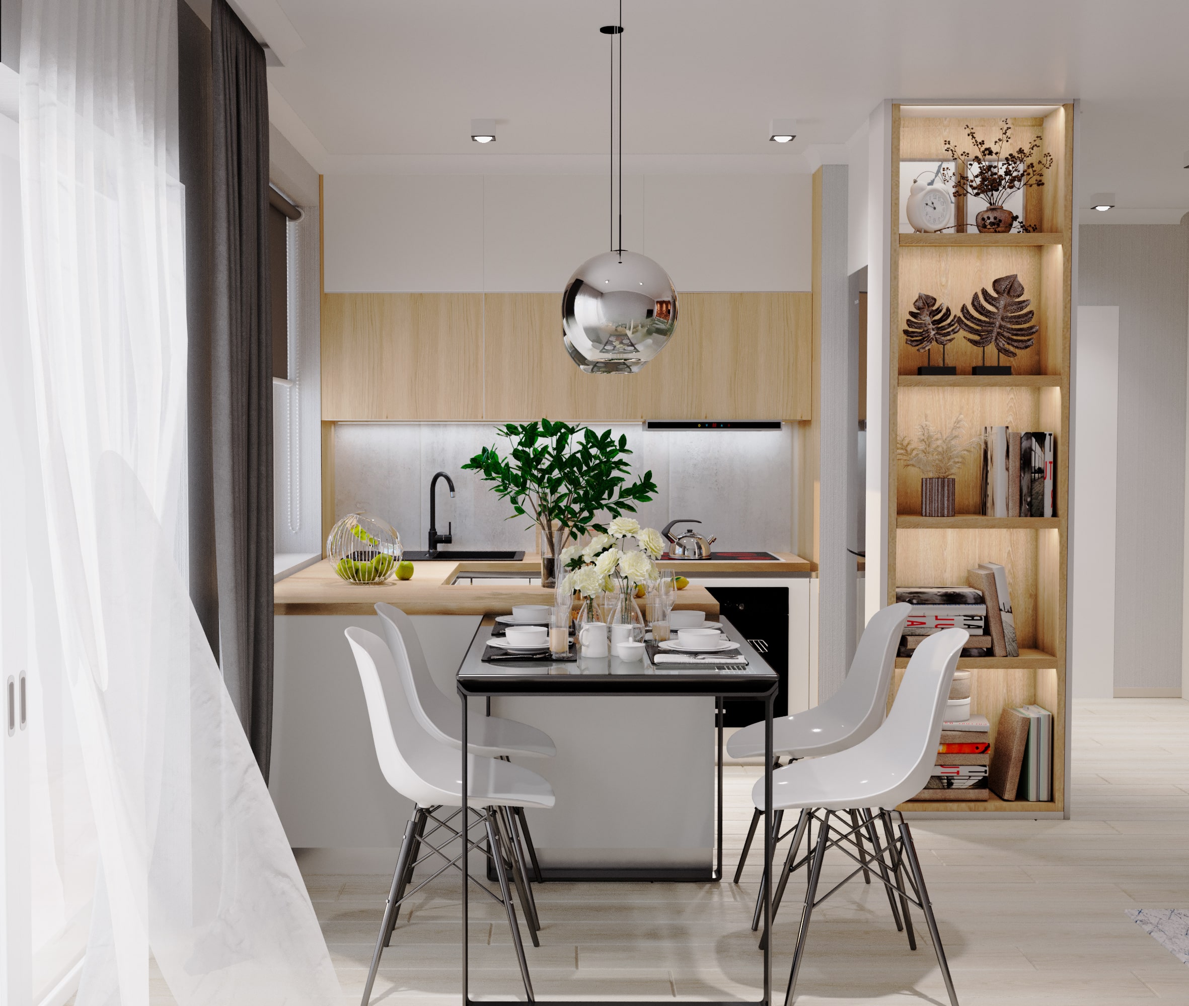 Kuchnia biała z drewnem