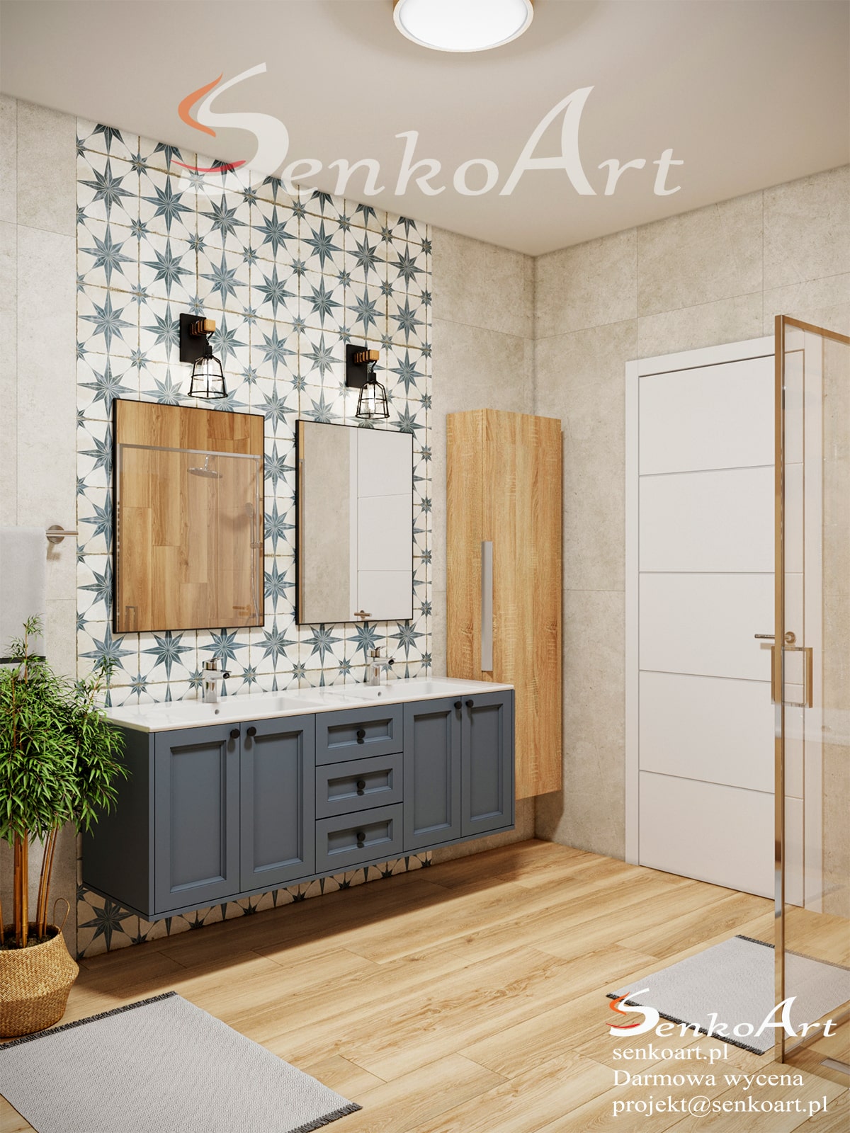 Łazienka biało drewniana z prysznicem