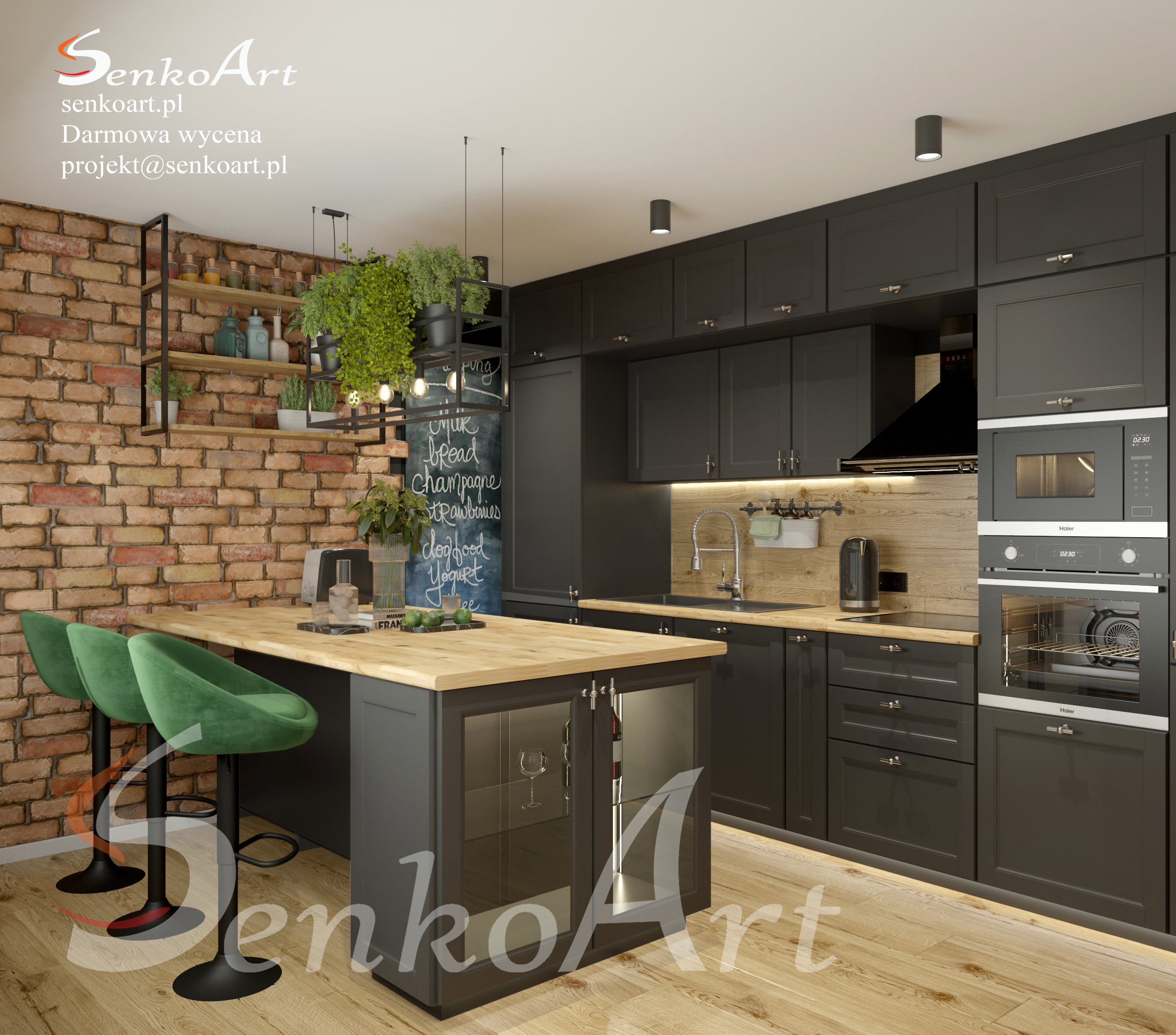 Czarna kuchnia z drewnem w stylu industrialnym