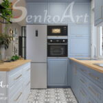 Jasno szara kuchnia z drewnianym blatem