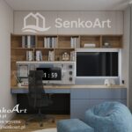 Przytulny pokój dla chłopca 7 lat z kolorowymi ścianami, zabawkami, biurkiem do nauki i wygodnym łóżkiem